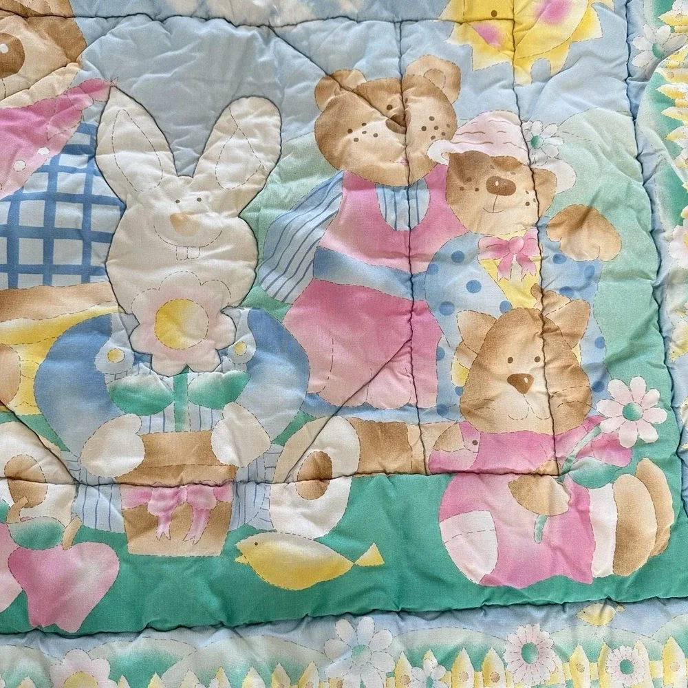 VTG Baby Blanket Pastel Bear Bunny Babies Crib Cover Quilted Hand Stitched 1990s
